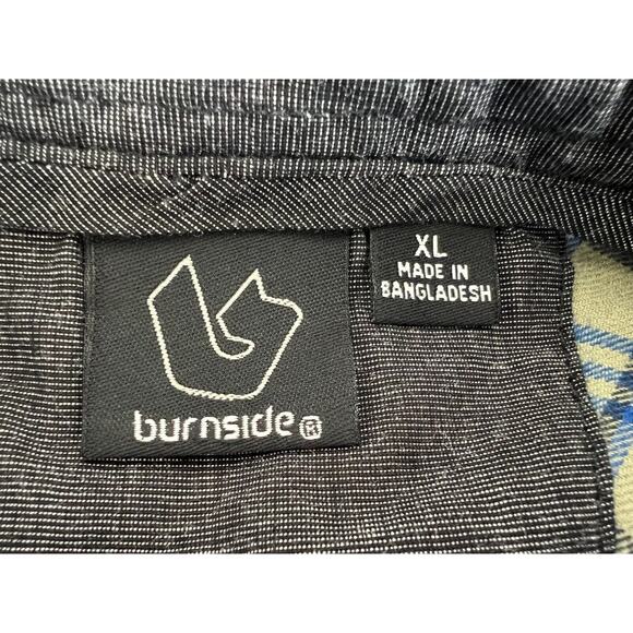 Burnside Plaid Flannel Shirt Mens Size XL Pockets Button Up Navy Olive Grunge - Picture 7 of 9